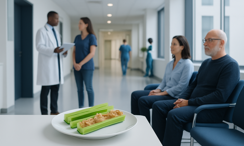 Hospital waiting area with patients and medical staff, healthy snack on table.