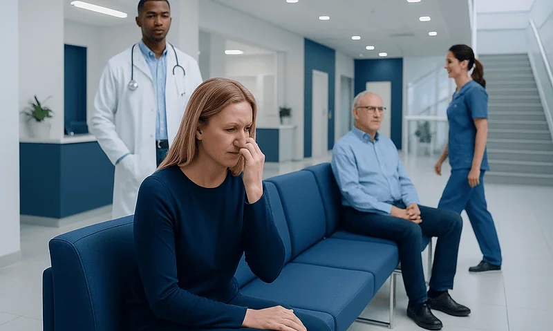 Patient experiencing sinus pain in a hospital waiting area.