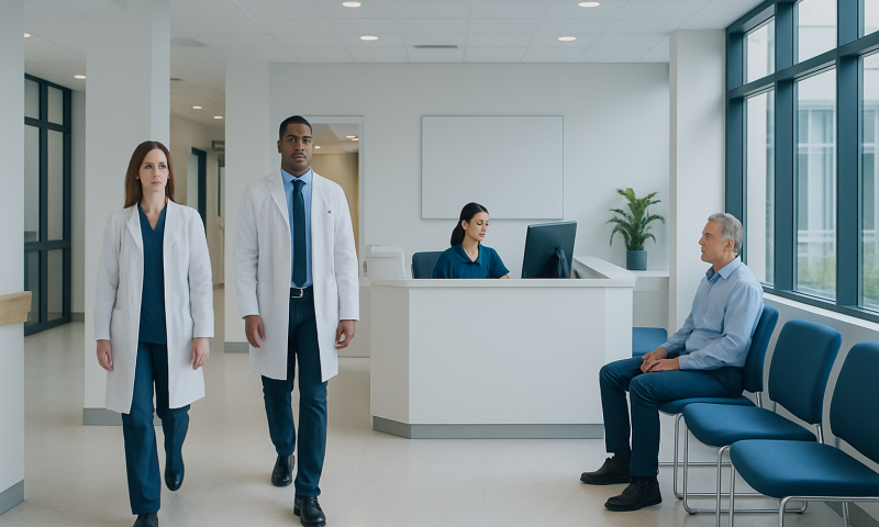 Medical staff walking in hospital corridor with patient waiting area nearby.