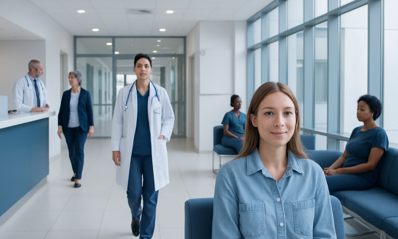 Healthcare professionals and patients in a modern hospital corridor.