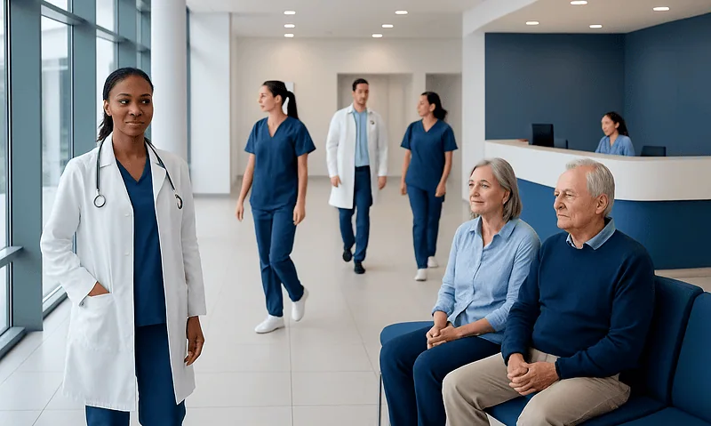 Healthcare professionals and patients in a modern hospital lobby.