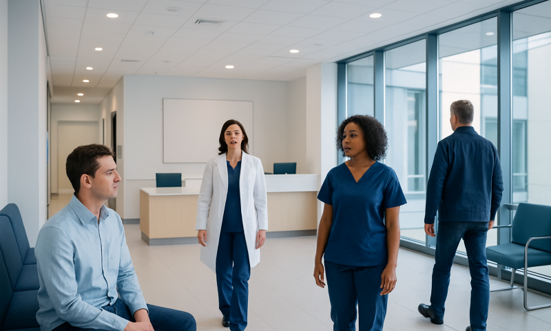Medical professionals and patient in a hospital waiting area.