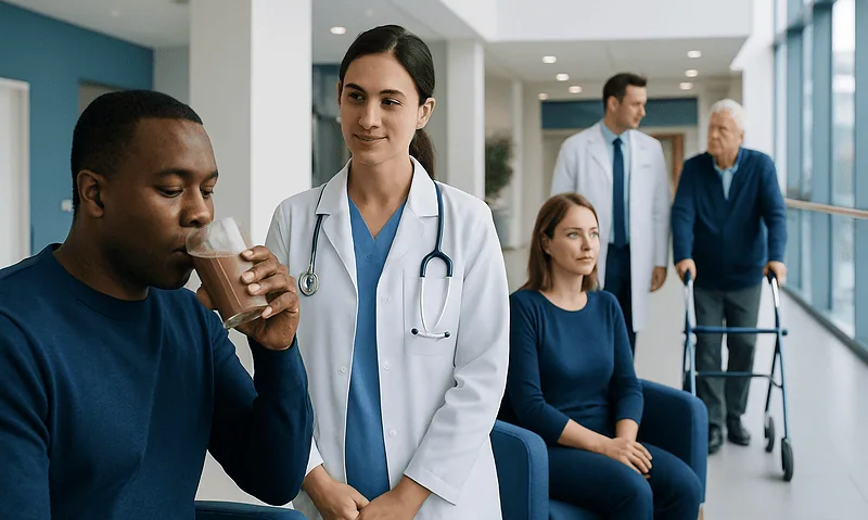 Patient drinking chocolate milk in a hospital waiting area with medical staff and visitors.