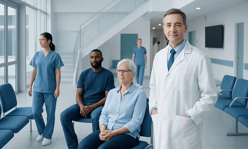 Medical team in a hospital waiting area with doctor and patients.