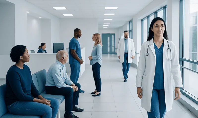 Healthcare professionals and patients in a modern hospital corridor.