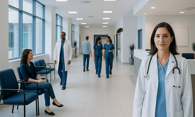 Modern hospital corridor with doctors and patients in a healthcare setting.