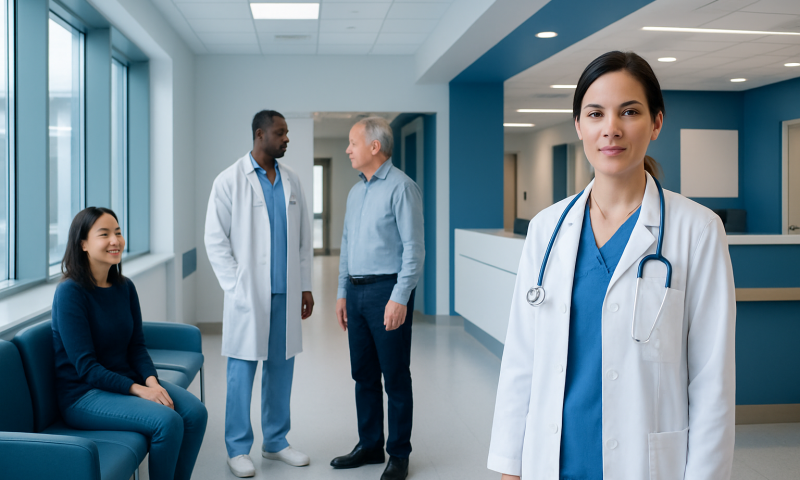 Healthcare professionals and patient in a hospital corridor.