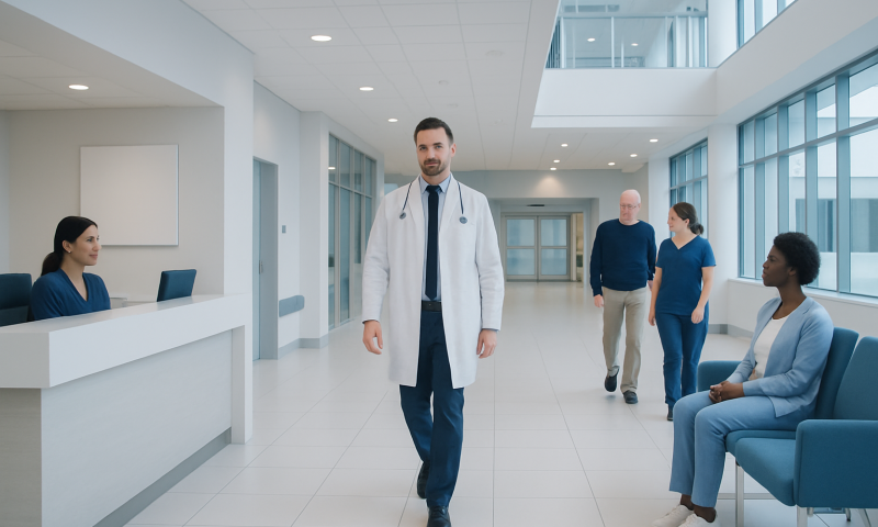 Doctor walking in hospital corridor with patients and staff around.