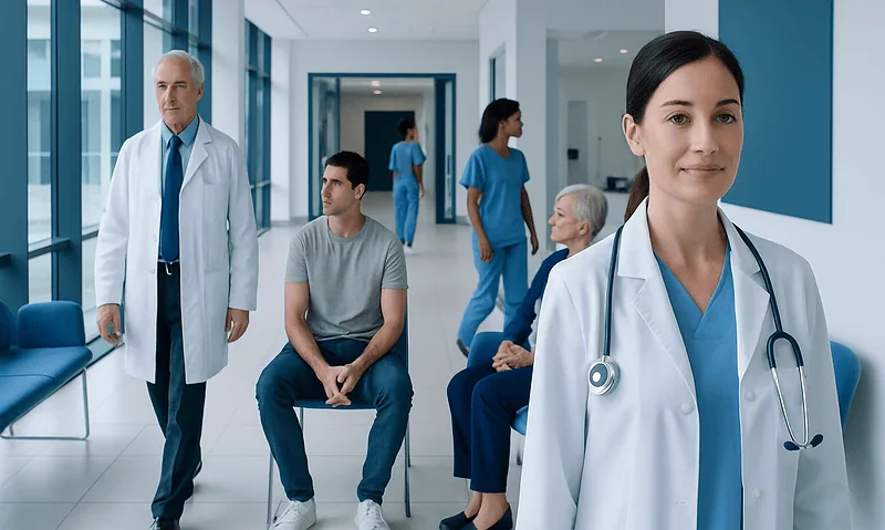 Healthcare professionals and patients in a modern hospital corridor.