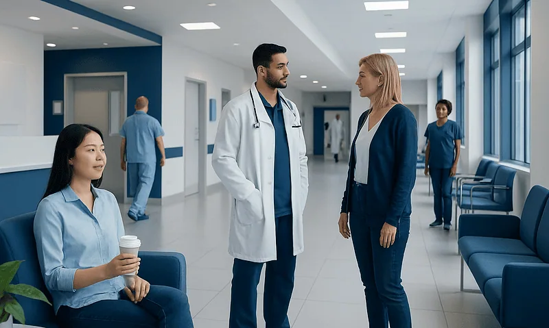 Medical professionals and patient in hospital corridor at Acibadem Hospitals Group.