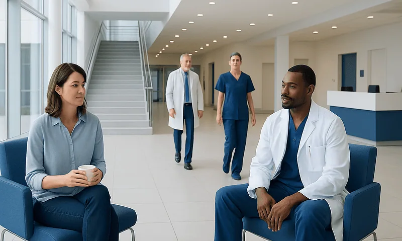 Medical professionals and patient in hospital lobby.