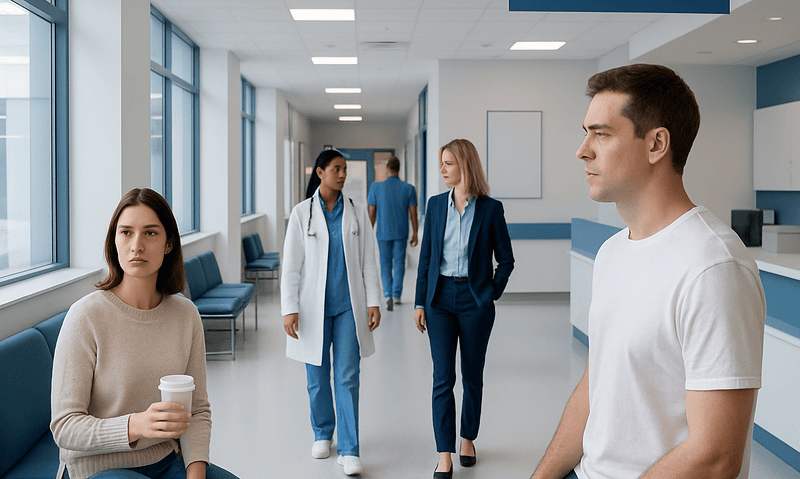 Patients and medical staff in a modern hospital corridor.