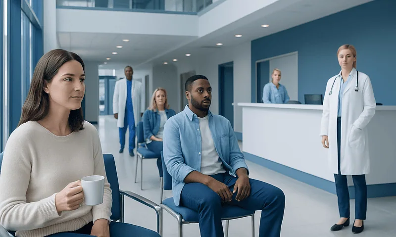 Patients waiting in a modern hospital lobby with medical staff nearby.