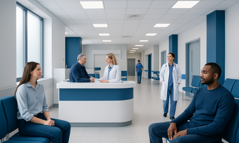 Patients waiting in a hospital corridor at Acibadem Hospitals Group.