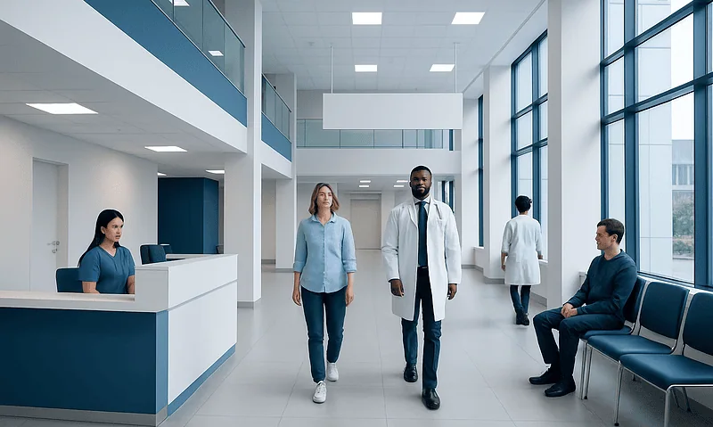 Modern hospital lobby with medical staff and patients.
