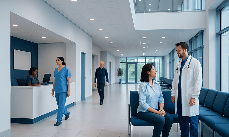 Healthcare professionals and patients in a modern hospital corridor.