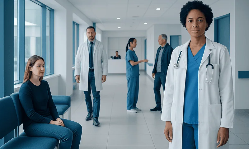 Diverse medical team in hospital corridor with patient and staff.