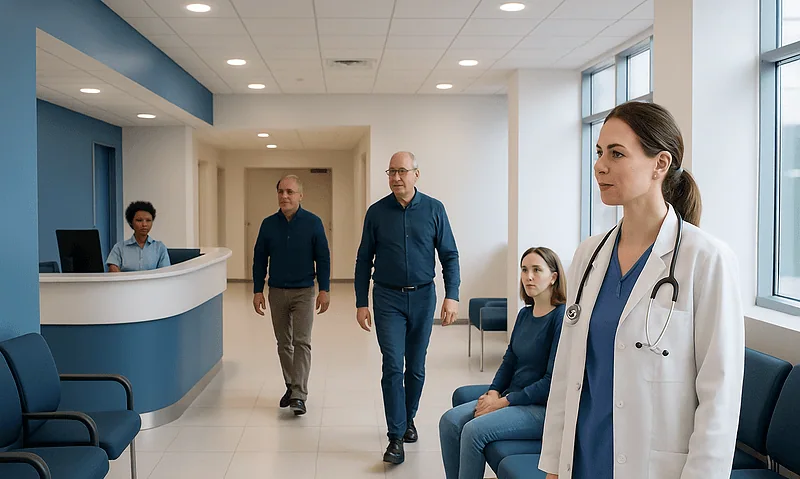 Medical professionals and patients in a hospital waiting area.