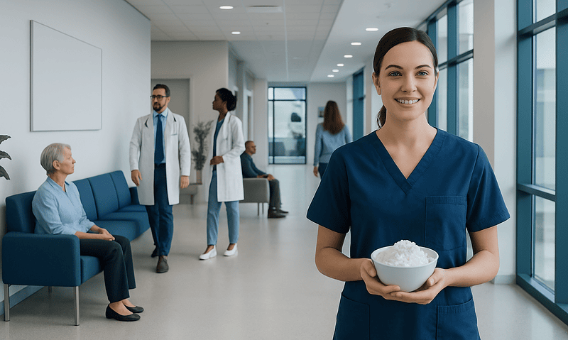 Healthcare professional holding a bowl of cottage cheese in a hospital corridor.