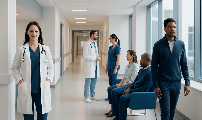 Medical professionals and patients in a hospital corridor.
