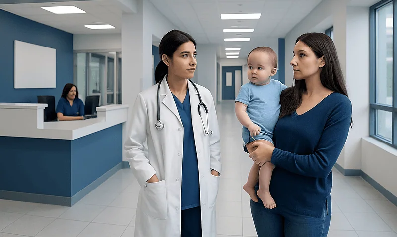 Mother and doctor discussing child's health in hospital corridor.