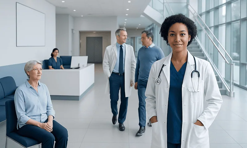 Healthcare professionals and patients in a modern hospital lobby.