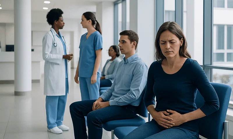 Woman experiencing abdominal pain in a hospital waiting area.