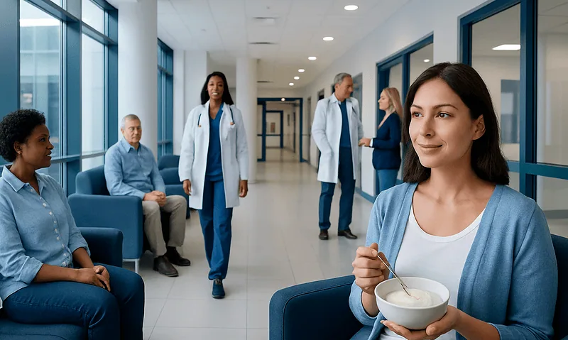 Patients and doctors in a modern hospital corridor.