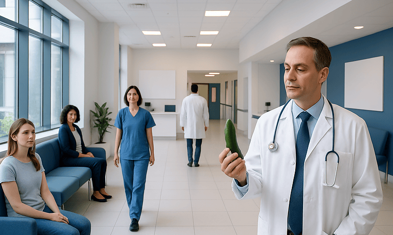 Doctor examining a cucumber in a hospital corridor with patients nearby.