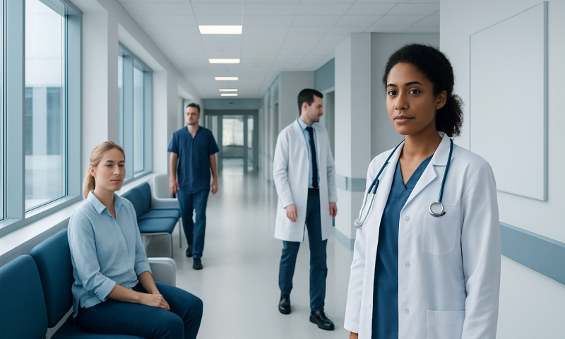 Medical team in hospital corridor with patient waiting area.