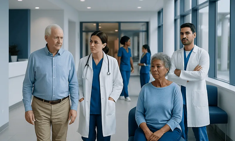 Medical team consulting with elderly patient in hospital corridor.