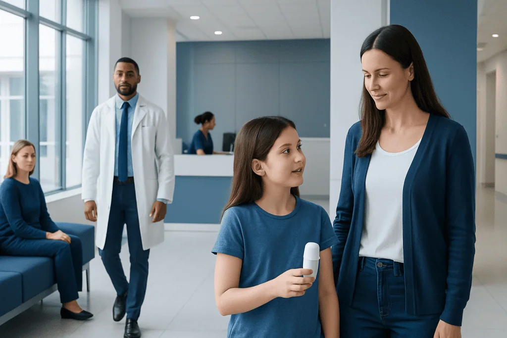 Deodorant for Kids: What Patients Need to Know 1 Child talking to a woman in a hospital waiting area with medical staff nearby.