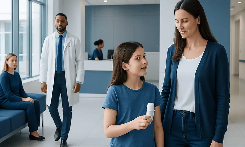 Child talking to a woman in a hospital waiting area with medical staff nearby.