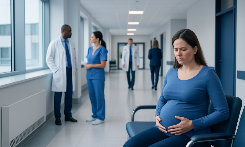 Pregnant woman in hospital corridor with medical staff in background.