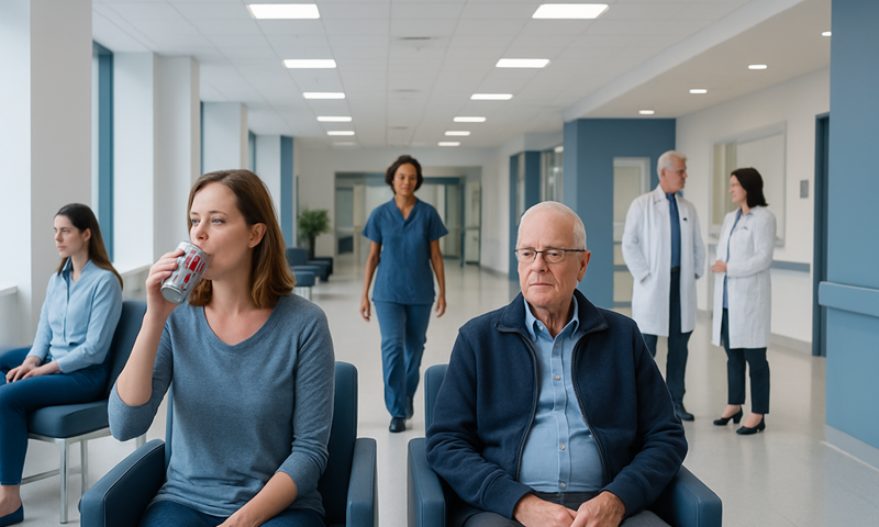 Patients waiting in a hospital corridor with medical staff nearby.