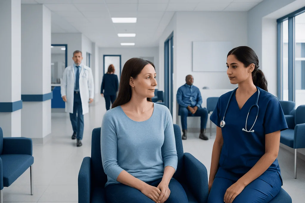 Discharge After Period Explained: Causes, Management, and When to See a Doctor 1 Patient consulting with nurse in hospital corridor.