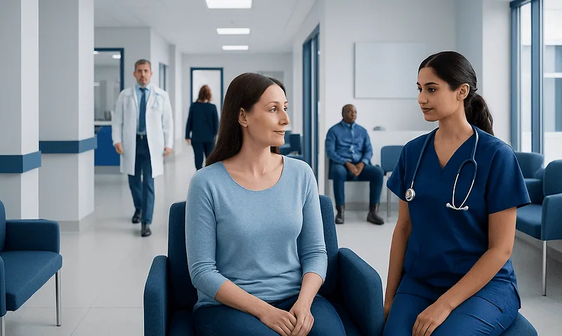 Patient consulting with nurse in hospital corridor.