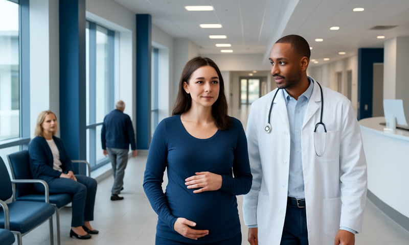 Pregnant woman consulting with doctor in hospital corridor.