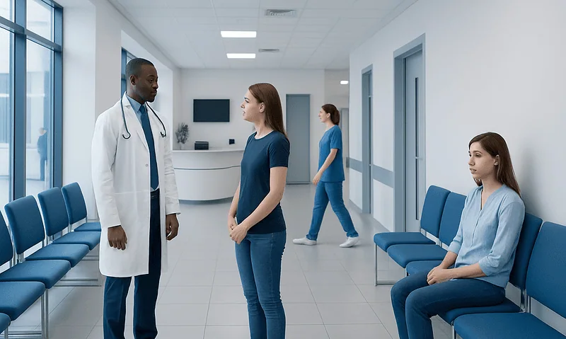 Doctor consulting female patient in hospital corridor.