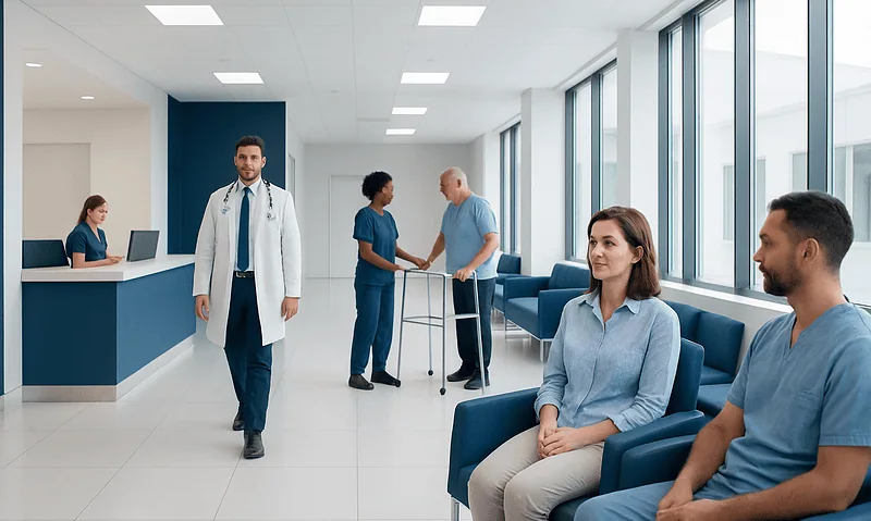 Modern hospital waiting area with patients and medical staff.