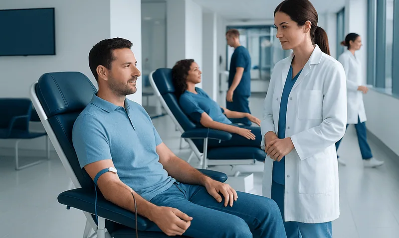 Blood donation at Acibadem Hospital with medical staff and donors.