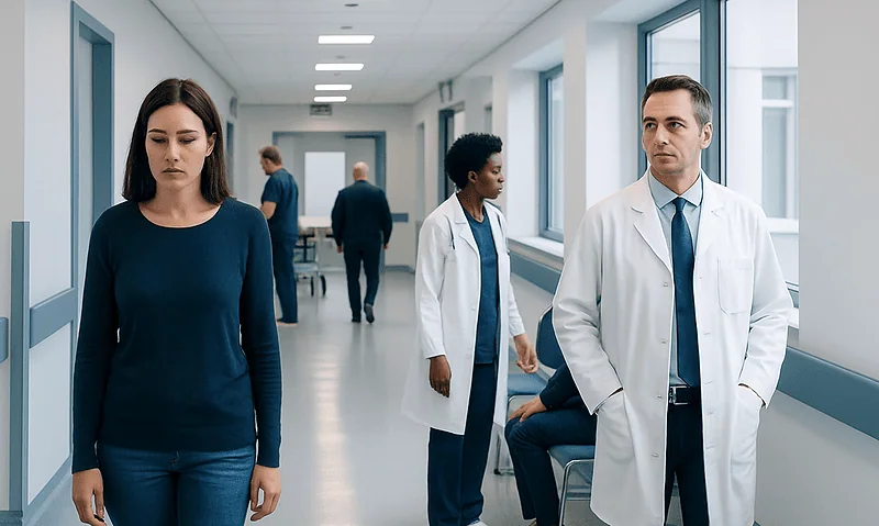 Patients and doctors in a hospital corridor, healthcare professionals discussing patient care.