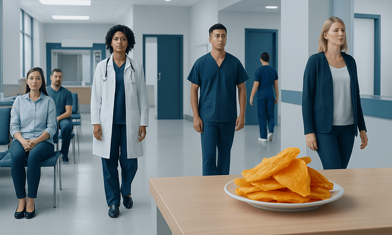 Medical professionals and patients in a hospital corridor with dried mango on a table.