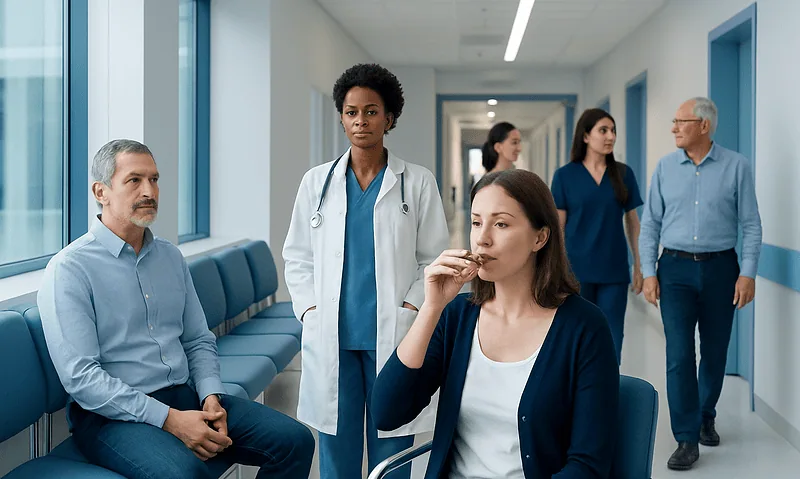 Patient drinking apple cider vinegar in a hospital corridor.