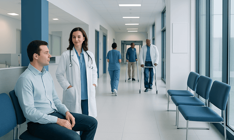 Medical staff and patients in a modern hospital corridor.