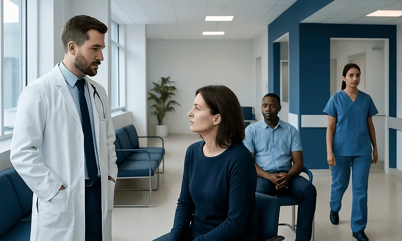 Doctor talking to a patient in a hospital corridor with medical staff nearby.