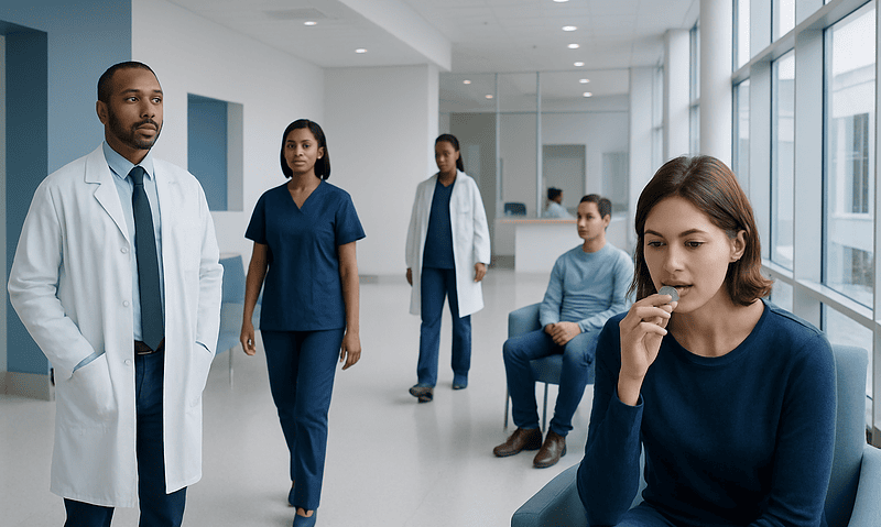 Patients and medical staff in a hospital corridor at Acibadem Hospitals Group.
