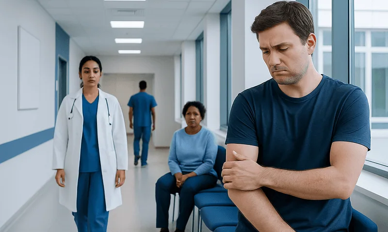 Man waiting in hospital corridor with healthcare professionals nearby.
