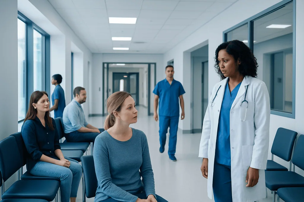 Is Eczema Genetic? Here Is What the Evidence Says 1 Medical consultation in hospital corridor with healthcare professionals and patients.