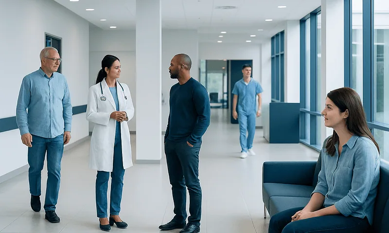 Medical professionals and patients in a modern hospital corridor.